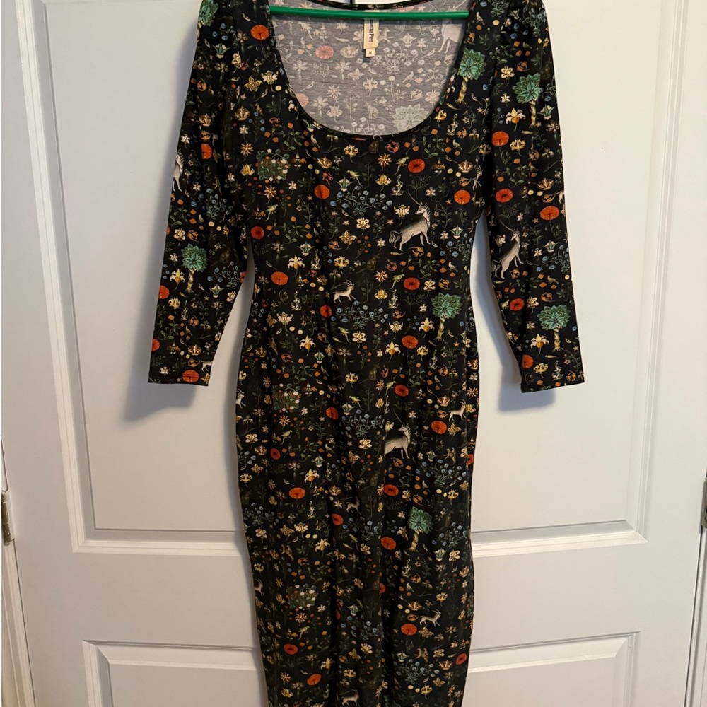 Samantha Pleet Aphrodite Illuminated Black Unicorn Floral Print Midi Dress